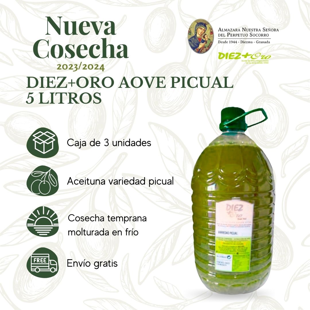 AOVE 5 Litros Cosecha temprana – Caja 3 u. PET - Almazara de Nuestra Señora  del Perpetuo Socorro - Aceite de oliva virgen extra Diez+oro - Diezma -  Granada
